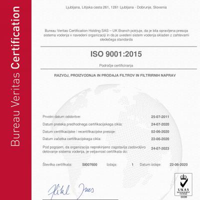 TRM FILTER 9001 RECERT5 Certificate SI007600 SLO 22062020